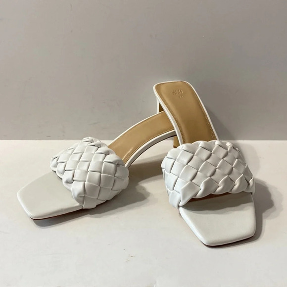 H&M (NEW) White Boho Faux Leather Braided Preppy Slides Kitten Heels Sandals 41 - Picture 1 of 10